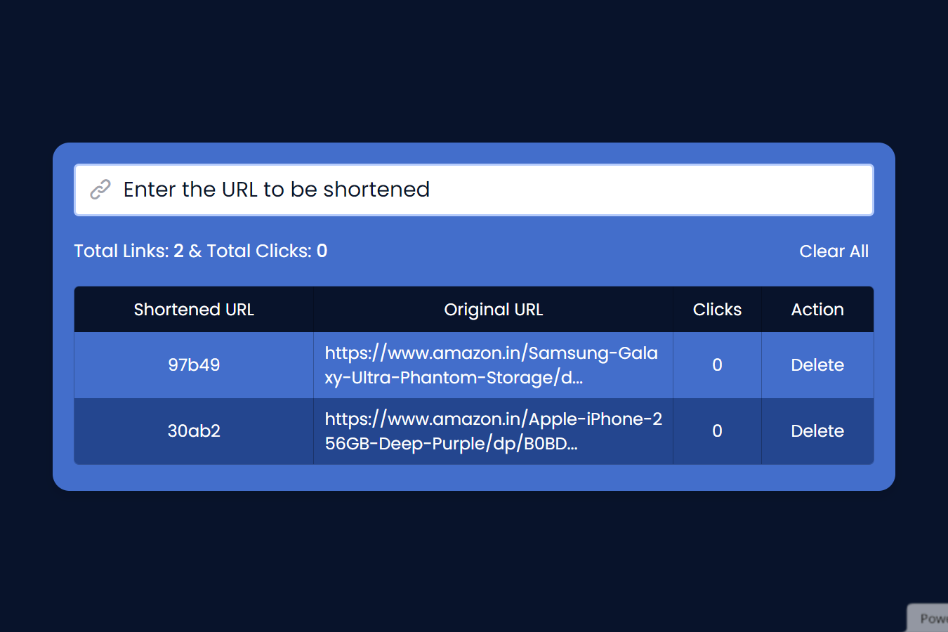 URL shortener web app interface